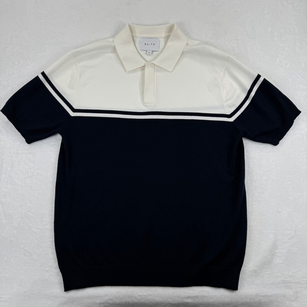 Raith Mens XL Knit Polo Shirt Navy Blue White Colorblock Striped Short Sleeve